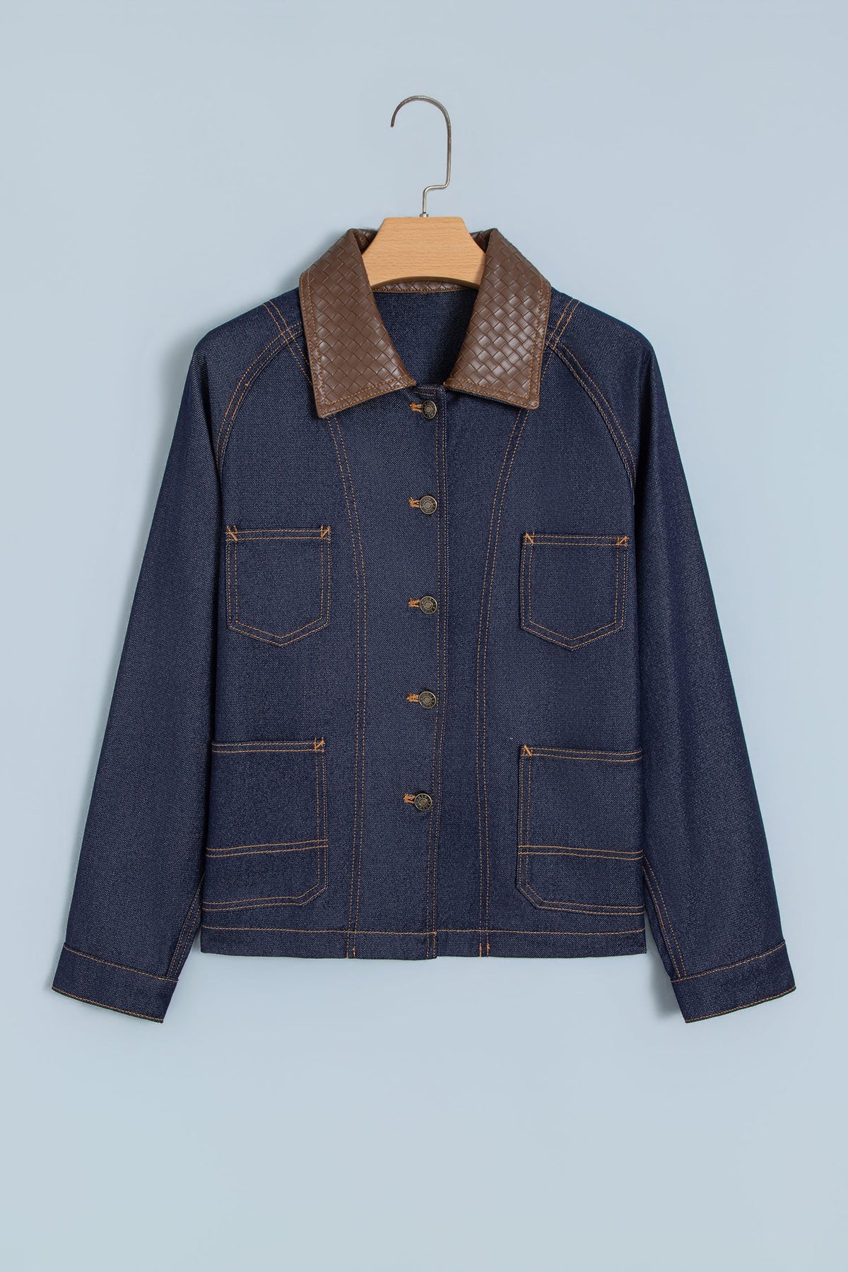 Faux Leather Collar Buttoned Denim Jacket