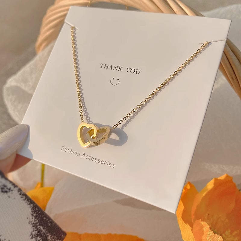 18K Gold Style Heart Double Ring Necklace for Women