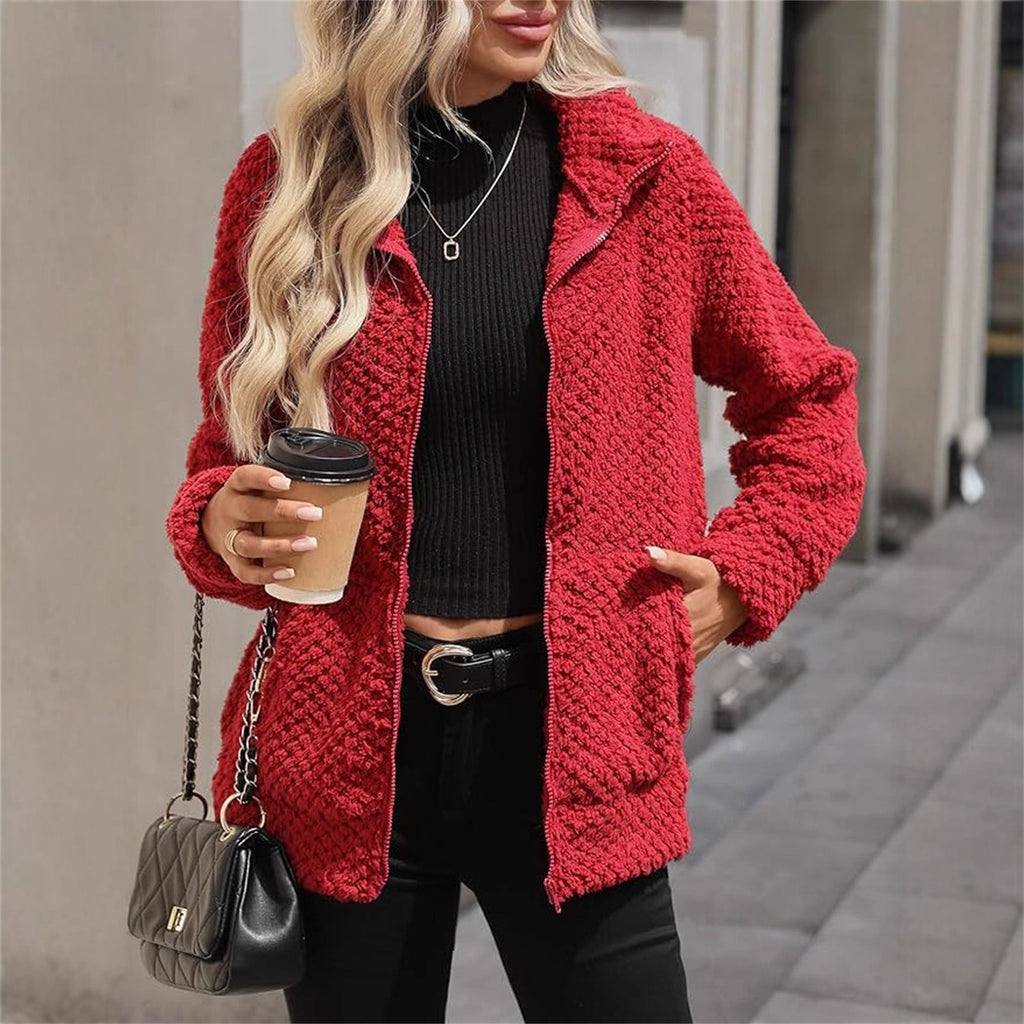 Women's Fleece-Lined Zip-Up Jacket with Pocket and Lapel