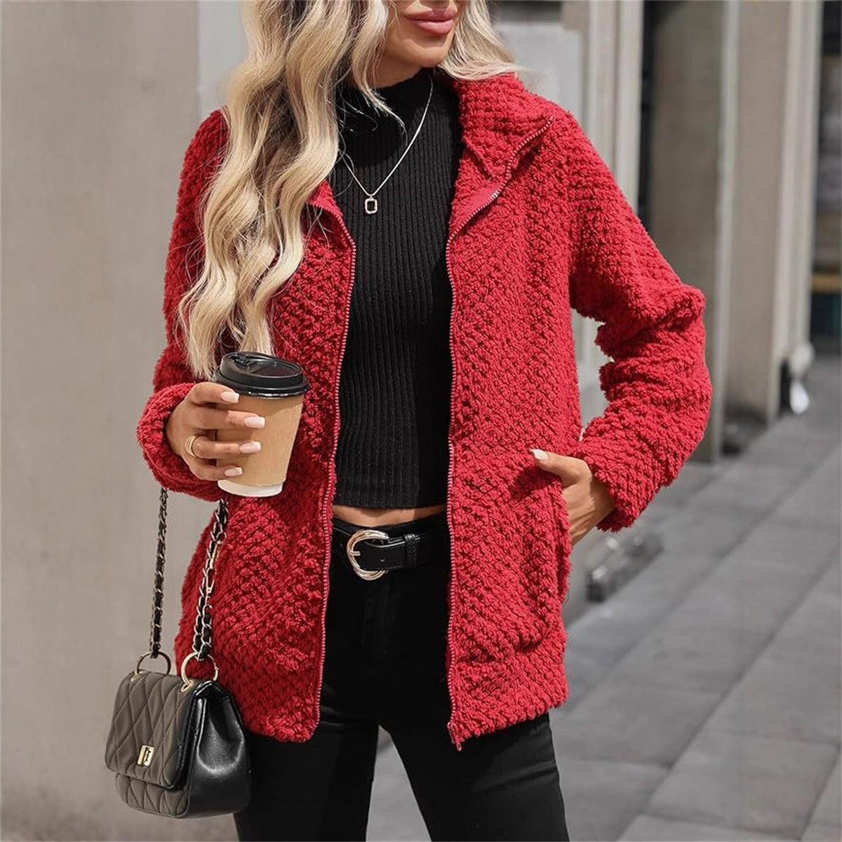 Women's Fleece-Lined Zip-Up Jacket with Pocket and Lapel