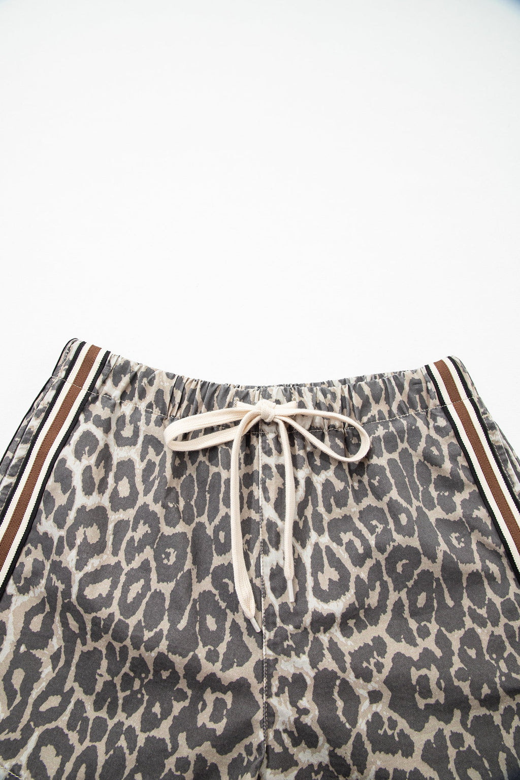 Leopard Stripe Detail Drawstring Denim Shorts