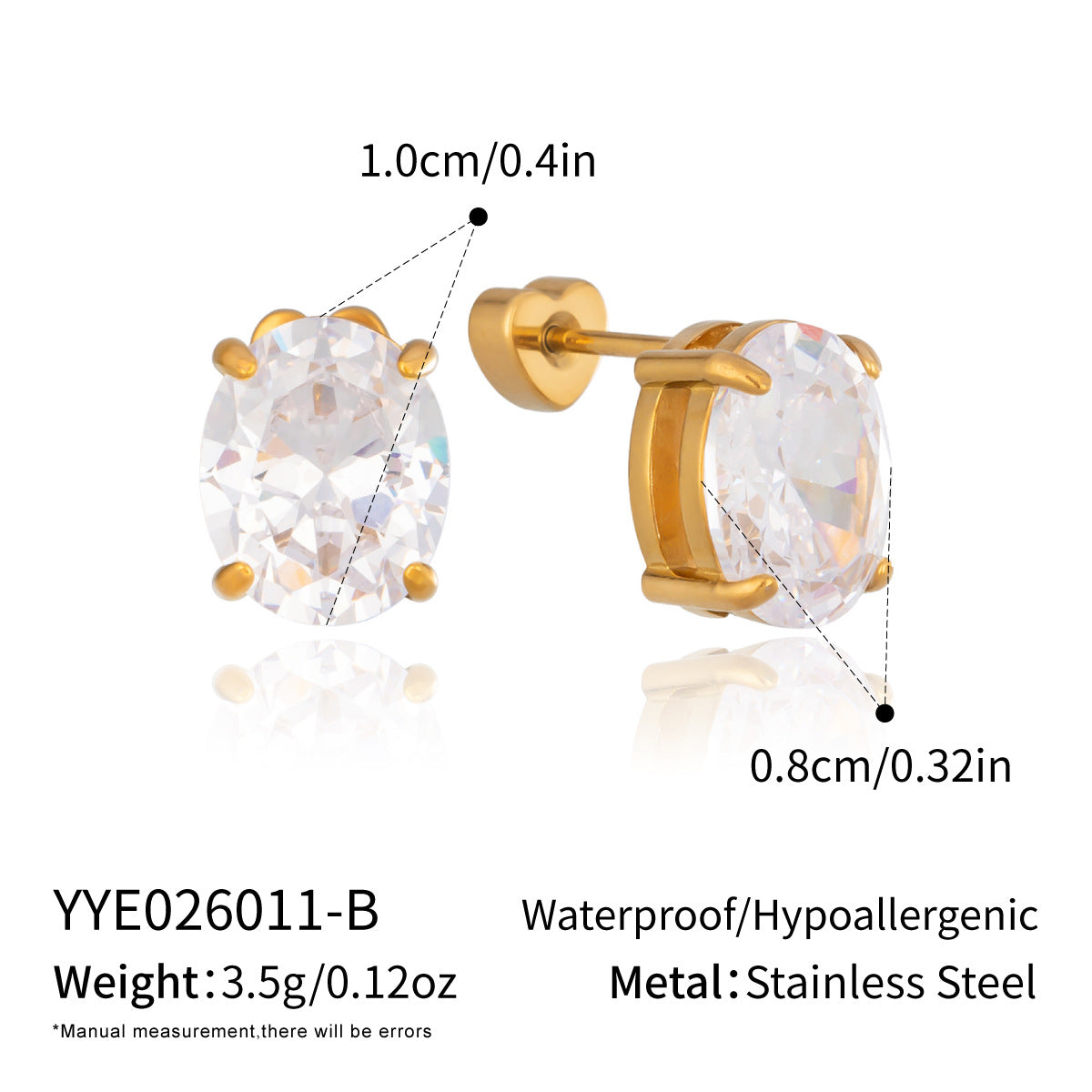 Stainless Steel 18k Gold Stud Earrings With Zircon Inlays For Women