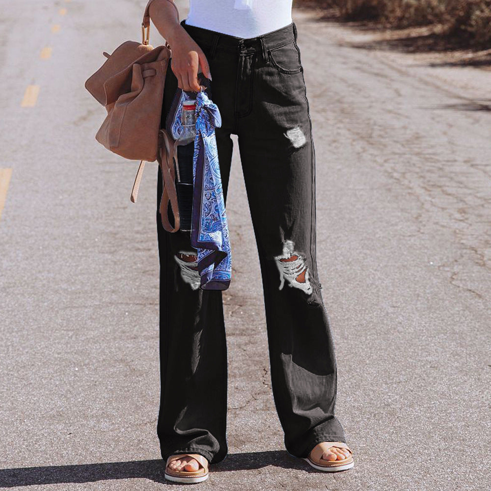 Water Washed Hole High Waist Wide-leg Jeans