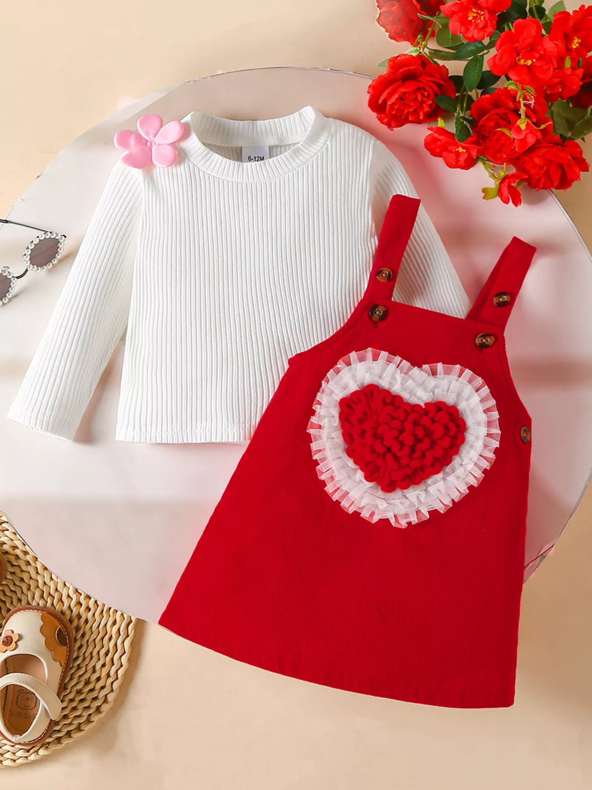 Children's Heart Decor Corduroy Overall Dress & Ribbed Top Set