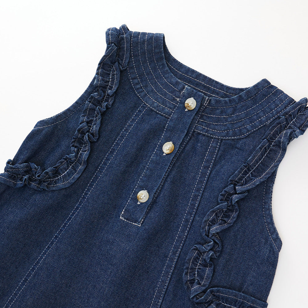 Frilly Sleeveless Denim Dress For Girls