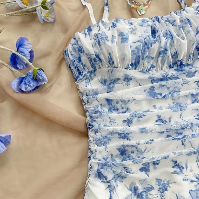 Boho Floral Spaghetti Strap Mini Dress – Ruche Ruffle Hem