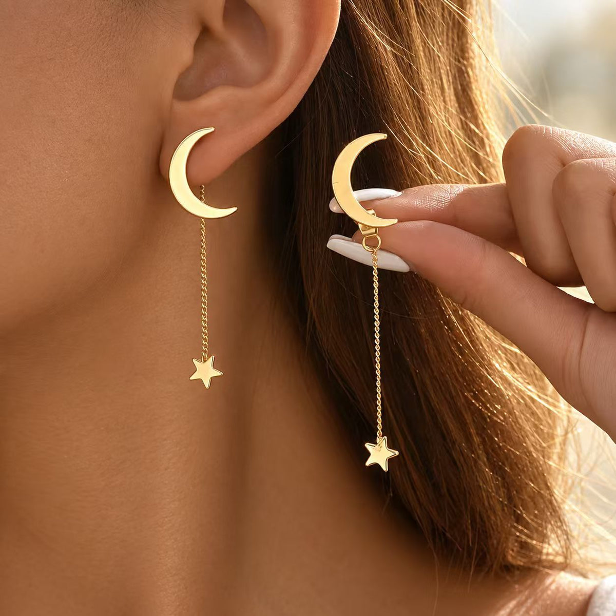 Stainless Steel Tassel Earrings for Women, Star Moon Stud Earrings
