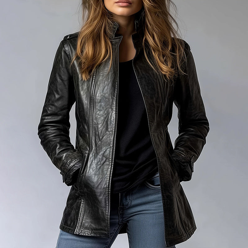 Mid-Length Open Cardigan Leather Coat with Pockets