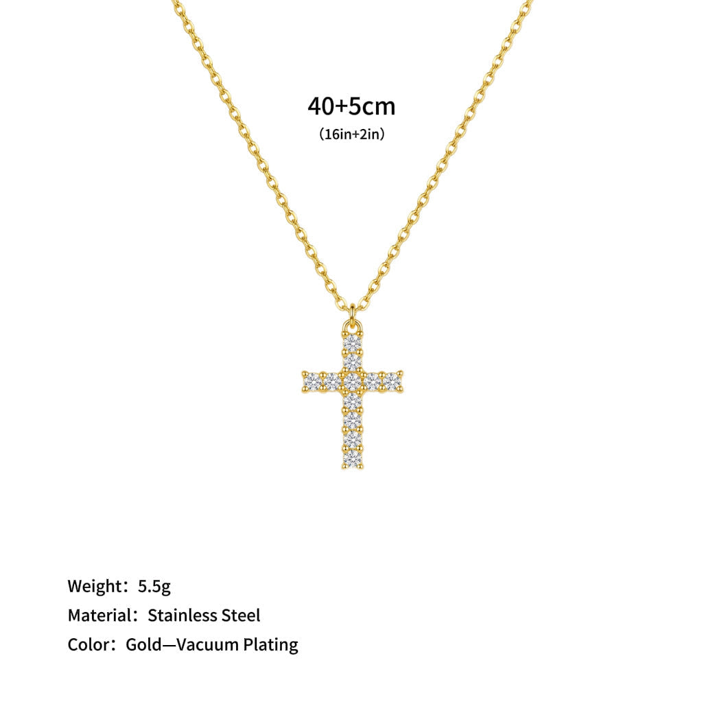18K Gold Stainless Steel Clavicle Chain with Heart Pendant and Diamond-encrusted Cross