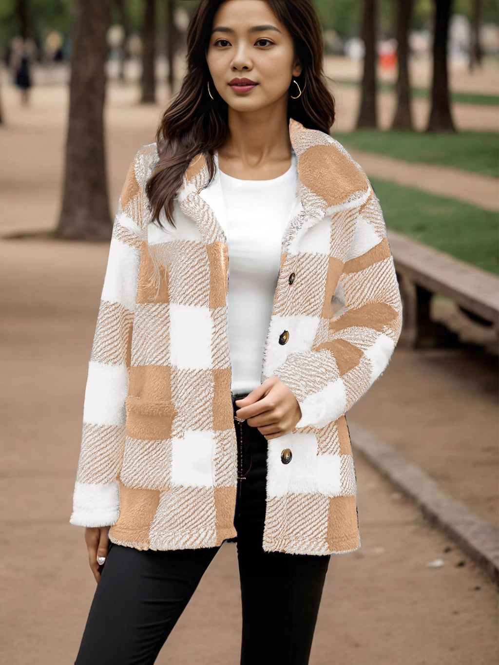 Women's Plaid Button-Front Coat with Pockets